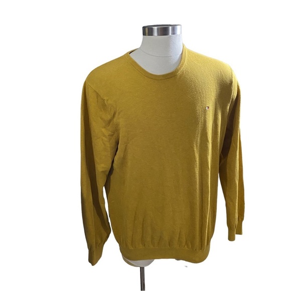 Tommy Hilfiger Men Mustard Knit 100% Cotton Crew Neck Sweater Sz XXL Flag Logo - Picture 1 of 14
